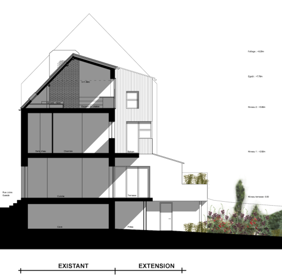 Coupe sur projet d'extension-surélévation d'une maison en bord de Loire. 