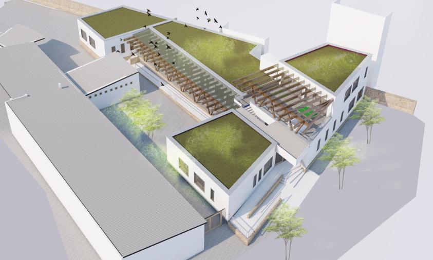 Vue aérienne du centre de loisirs avec ses toitures végétalisées