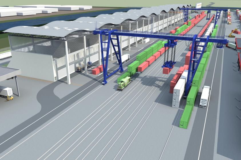 Cour intermodale et bâtiment de stockage matières dangereuses en containers