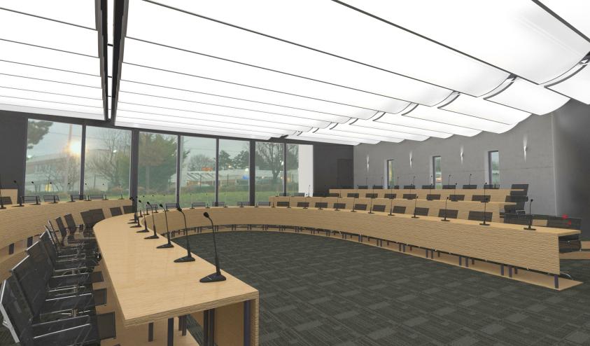 La salle de conférence en fer à cheval et son plafond lumineux et acoustique