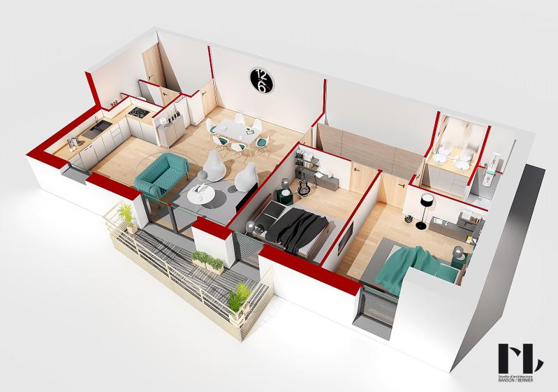 Eclaté axonométrique d'un appartement de type T3