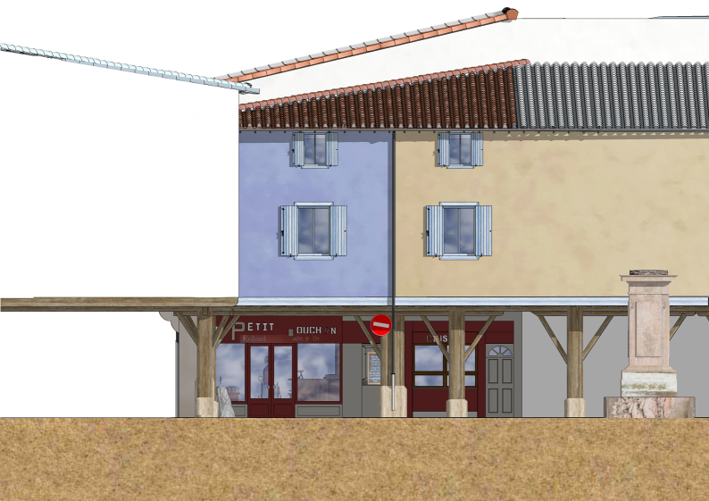 La façade existante en 3D côté Place des Couverts.