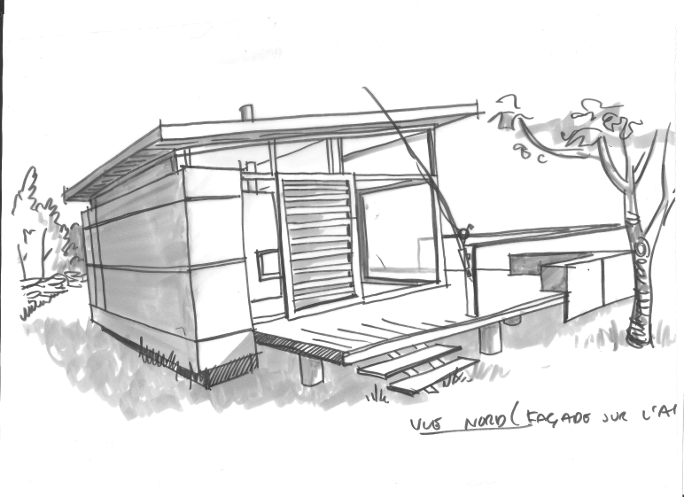 Dessin d'esquisse de la terrasse côté rivière.