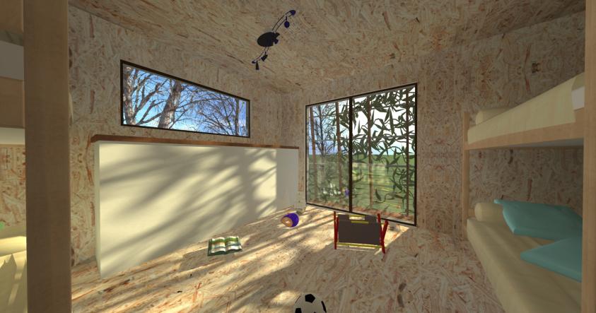 Un intérieur 100% bois avec panneau de bois OSB visible.