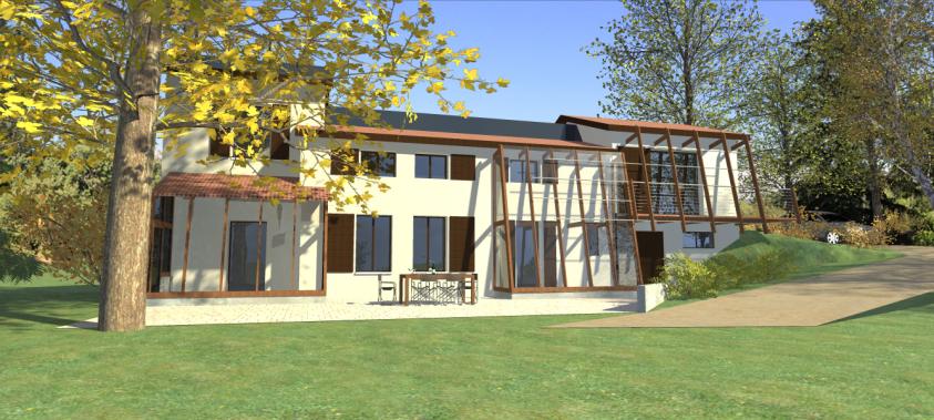 Extension  bois en haut à droite avec pergola reprenant le vocabulaire des serre
