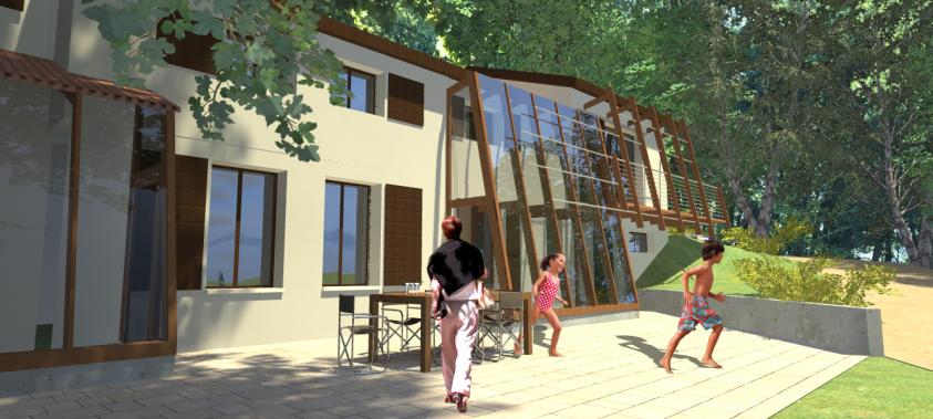 Extension  bois en haut à droite avec pergola reprenant le vocabulaire des serre