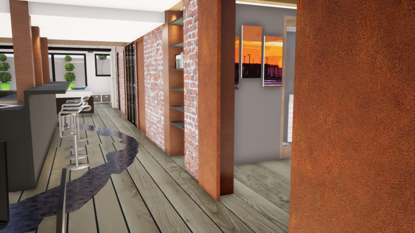 Vue sur portes en corten et plancher bois