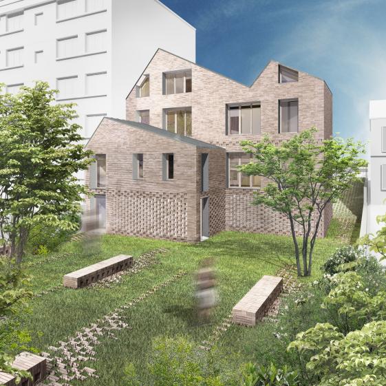 Vue sur les logements depuis le jardin.