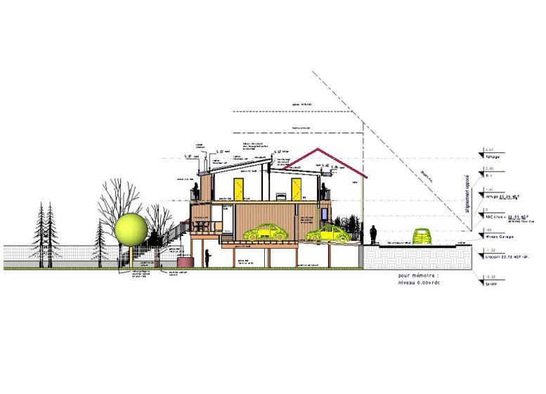 coupe sur maison : garage et chambres