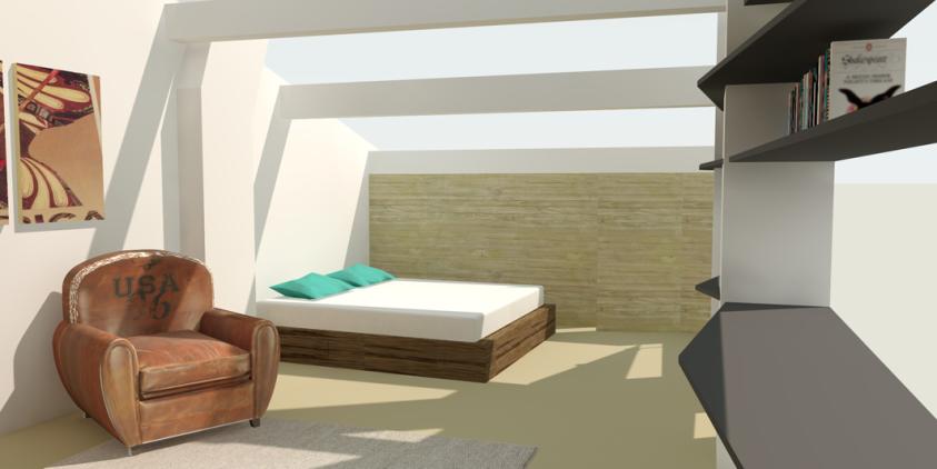 L'espace de la chambre vu depuis l'arrivée de l'escalier