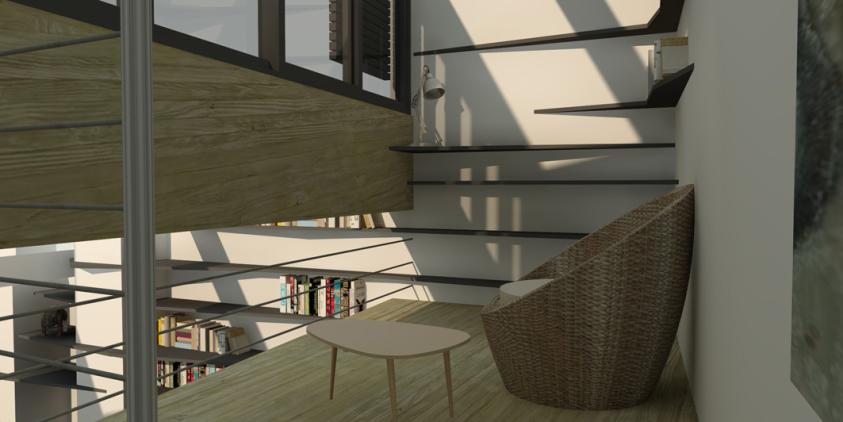 Le coin bibliothèque en mezzanine avec fenêtre panoramique sur les toits de la v