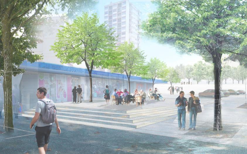 La place basse commerçante en entrée du Livron  © Rethink/Atelier Marion Talagra