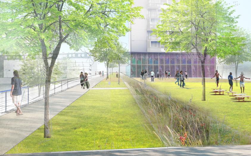Le parc en balcon et l’équipement au RdC en plein ciel © Rethink/Atelier Marion 