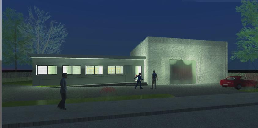 Vue de nuit : batiment minimaliste dont l'atelier, d'habitude caché, est mis en 