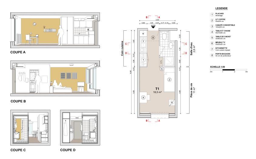 Coupes et plan logement type