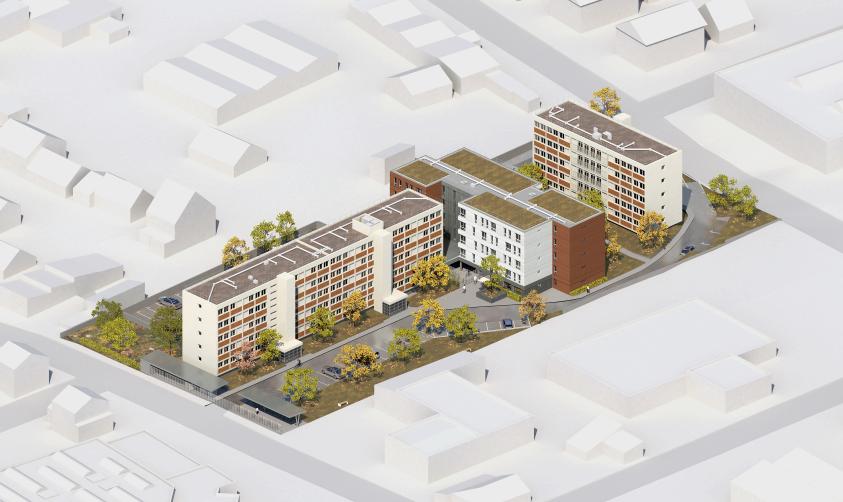 Axonométrie montrant l'insertion du projet dans la résidence existante