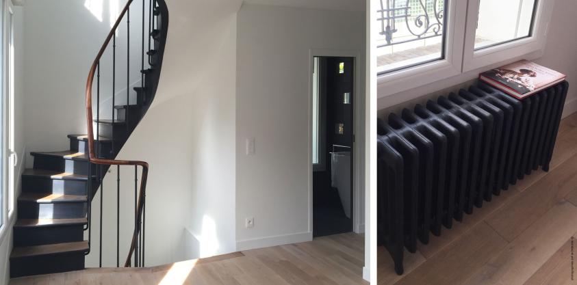 Maison ouvrière - escalier et radiateurs existants restaurés et conservés