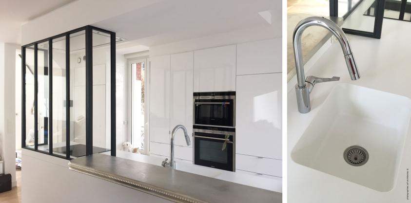 Maison ouvrière - Cuisine : verrière acier, corian et étain