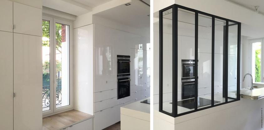 Maison ouvrière - verrière intérieure acier sur mesure, banquette bois