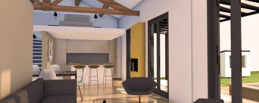 La cuisine  vue du salon et la mezzanine