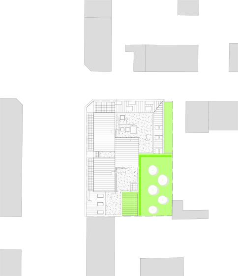 Plan masse : occupation de l'angle, adossement au bâti existant et retrait face 