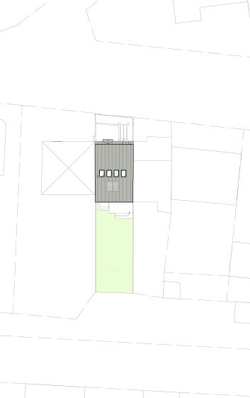 Plan masse : extension sur jardin entre bâti mitoyen 
