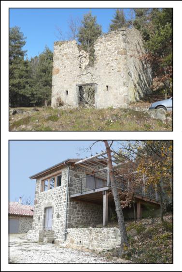 AVANT APRES REHABILITATION RENOVATION DE RUINES EN PIERRES ET BOIS LA "CABANE" A