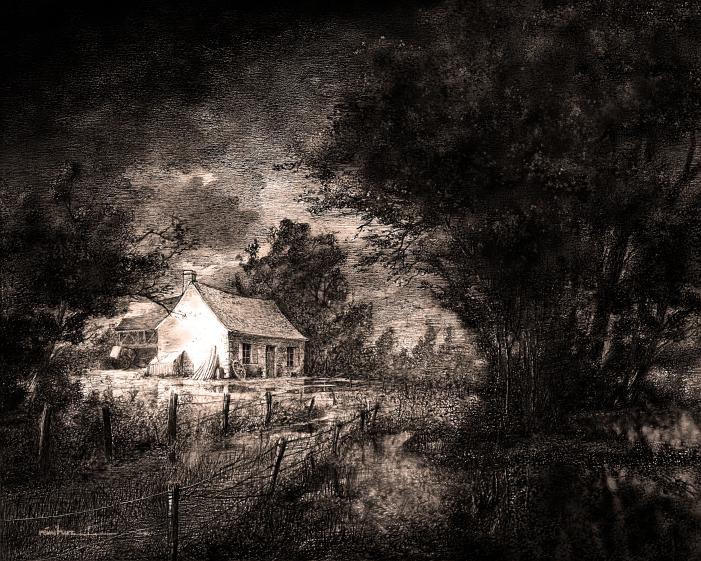 dessin stylo-bille 1991 Après l'orage, paysage naturaliste