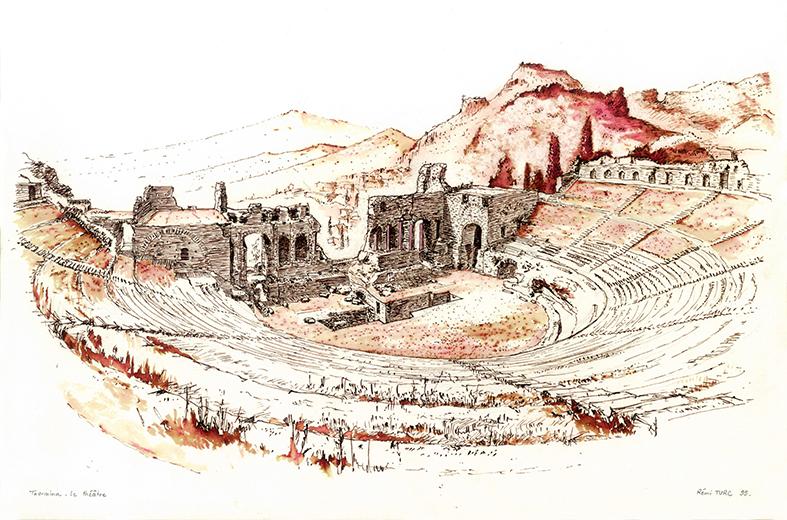 dessin plume 1995 Taormina, théâtre