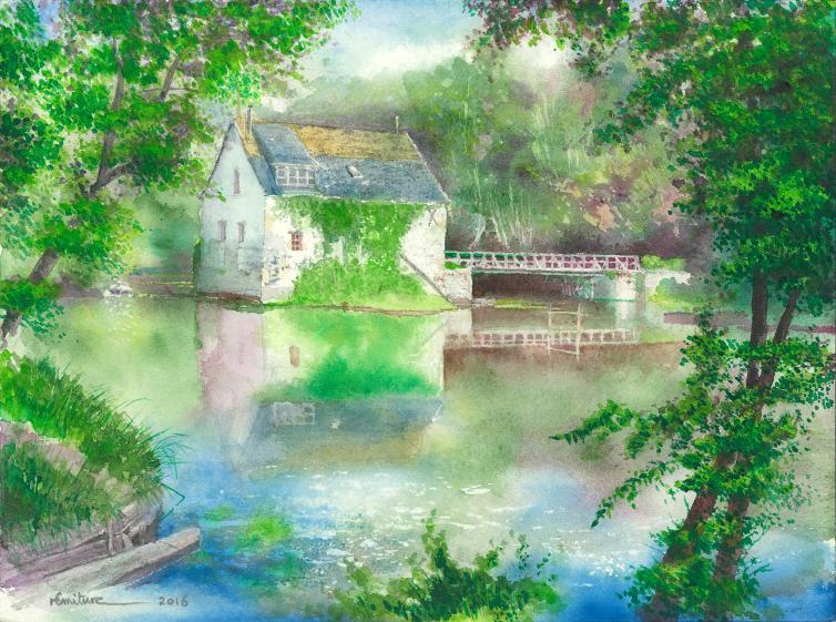 aquarelle 2016 Saché, le Moulin Rouge sur l'Indre