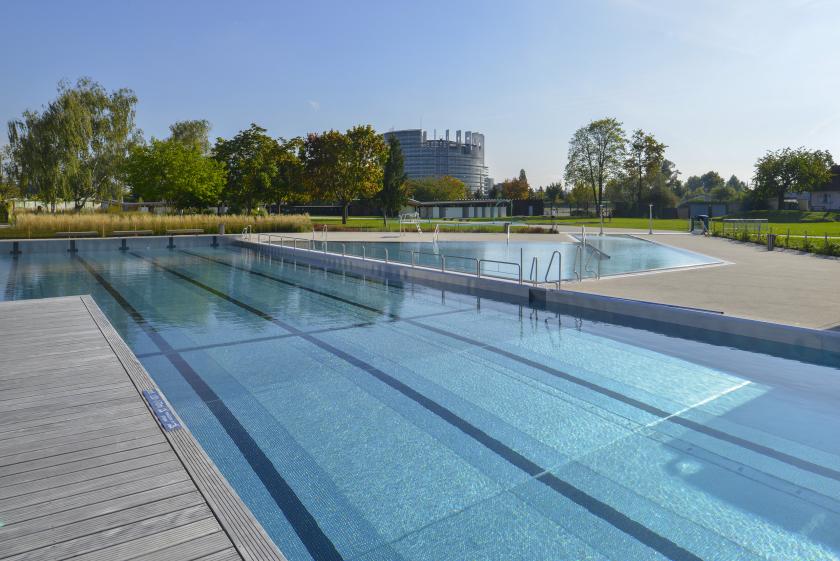 Le bassin avec vue sur le Parlement Européen