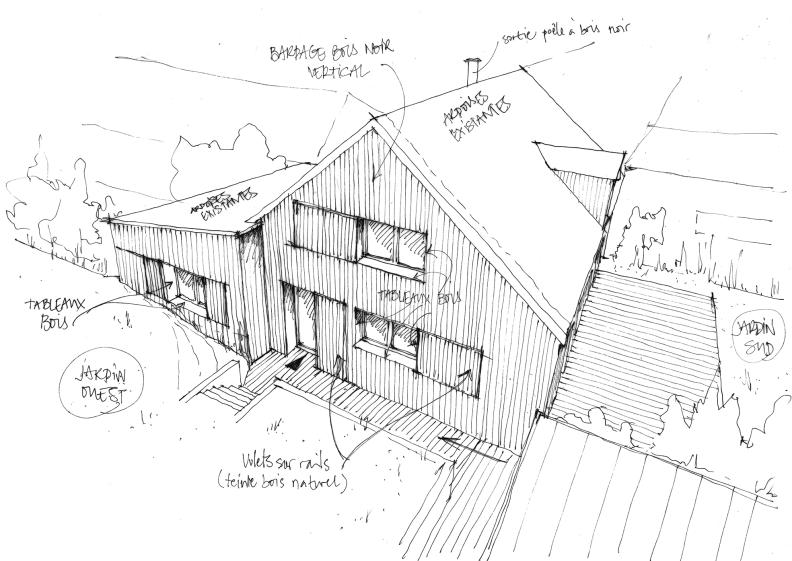 Croquis du projet global extérieur, bardage bois noir continu avec les ardoises 