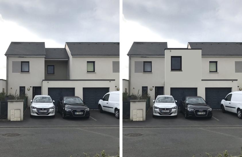 Perspective sur rue, (état existant à gauche, état projeté à droite)