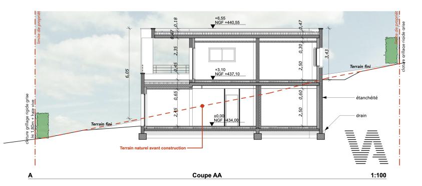 Coupe transversale montrant l'intégration du projet dans la pente du terrain exi
