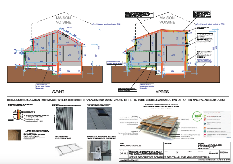COUPE LONGITUDINALE AVANT ET APRES TRAVAUX / DETAILS SUR L'ISOLATION THERMIQUE P
