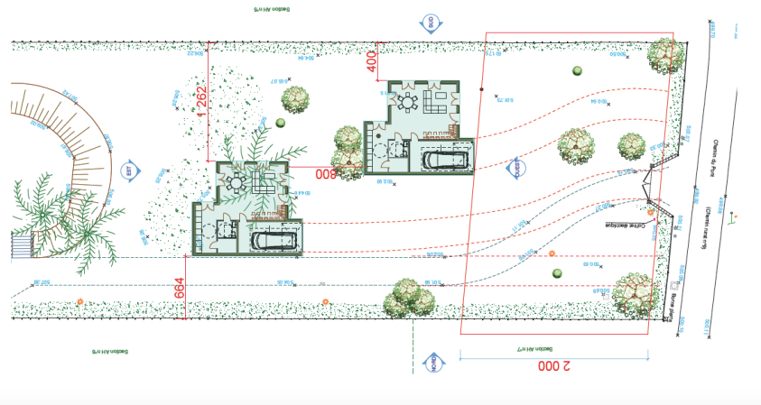 PLAN MASSE / VERSION D'IMPLANTATION AVEC EMPRISES AU SOL / SURFACES DE PLANCHER 