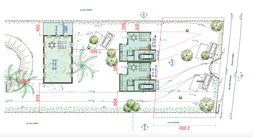 PLAN MASSE / VERSION D'IMPLANTATION AVEC EMPRISES AU SOL / SURFACES DE PLANCHER 