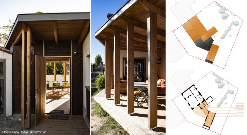 Entrée donnant sur le patio, ossature en bois pin douglas local et plans