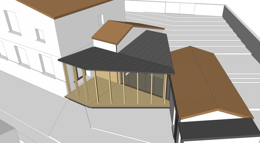 Maquette 3D de l'extension entre la maison et sa remise