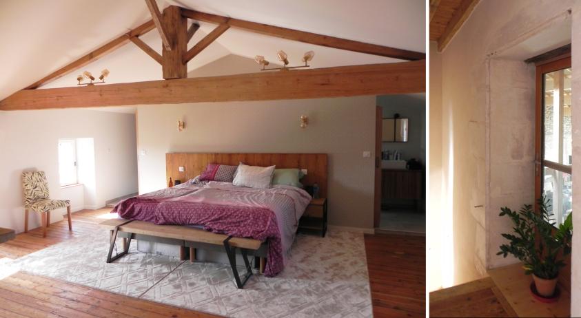 La chambre est installée dans les combles où trône la ferme de la charpente.