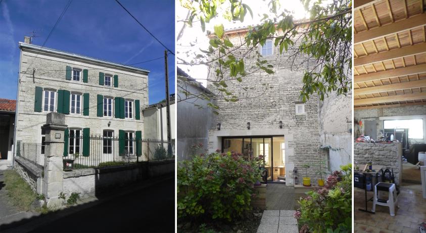 Les façades de la maison de bourg en pierre, côté jardin : ouverture du mur par 