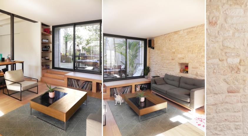 Le salon est aujourd'hui ouvert sur la cuisine et sur le jardin.