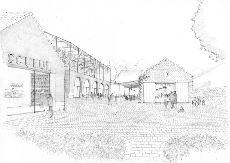 Croquis "place du village" avec restaurant dans bâtiment en pierre réhabilité et