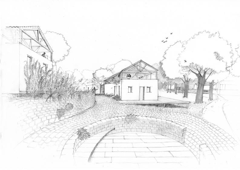 Croquis du "hameau", maison en paille et structure bois.