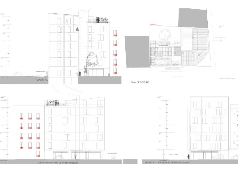 Coupe, Elévations et plan des toitures