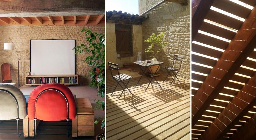 Depuis le salon à l'étage on peut sortir sur la terrasse.
