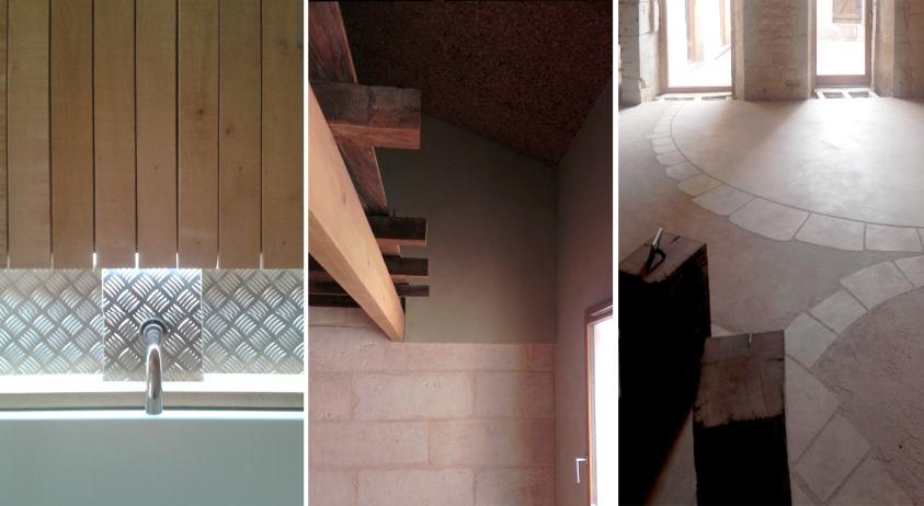 Matériaux naturels et de réemploi : bardage de robinier en salle de bain, enduit