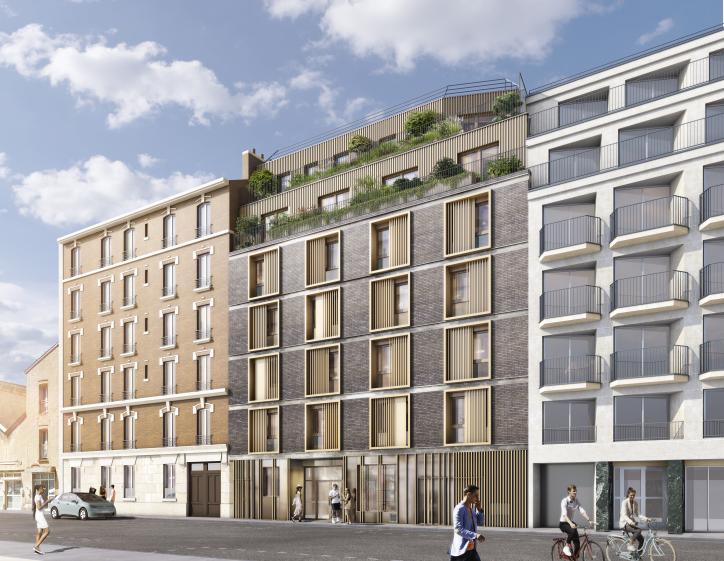 La façade donnant sur la rue de Cîteaux du Bâtiment A, à ossature bois avec remplissage en béton de chanvre préfabriqué, se veut une réinterprétation moderne de l'immeuble parisien 