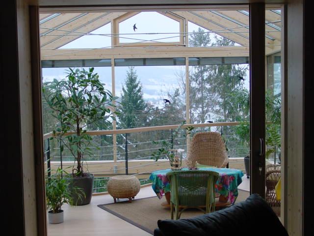 véranda sur 2 niveaux, structure bois, intérieur