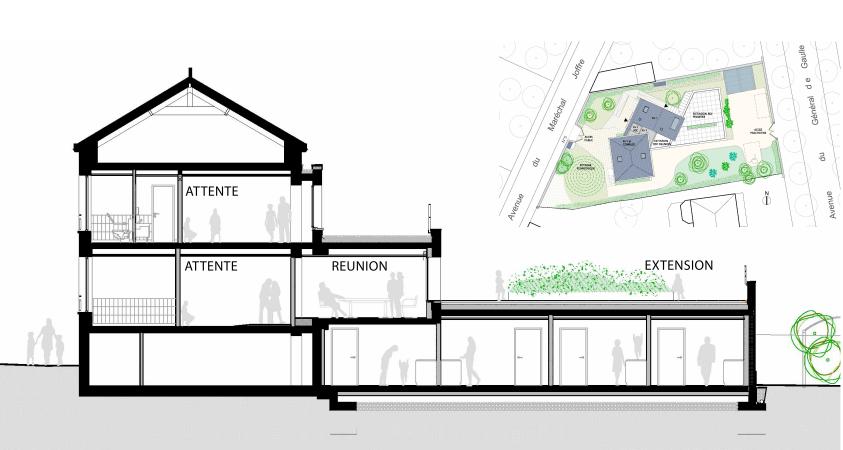 Coupe longitudinale et plan masse
